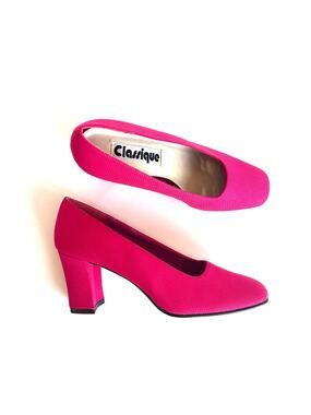 Vintage 90s Hot Pink Block Heel Pumps Size 7 Square Toe Fuchsia Heels Textured
